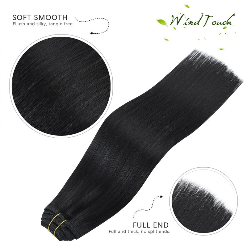 WindTouch Clip In Hair Extensions Real Human Hair Black Hair Extensions Remy Hair 7pcs 18 Inch 75g #1B Natural Black Clip Ins Real Human Hair Black Women