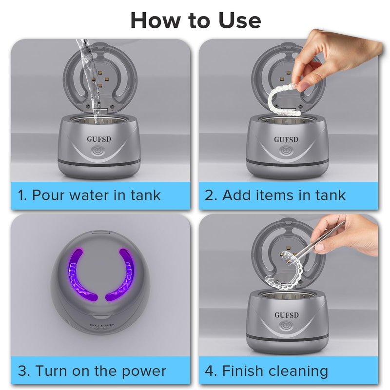 Ultrasonic Retainer Cleaner, 180ML/45kHz Portable Ultrasonic Jewelry Cleaner, Quiet Operation Ultrasonic Cleaner Machine for Dentures,Aligners,Mouth Guards,Night Guards (Gray)