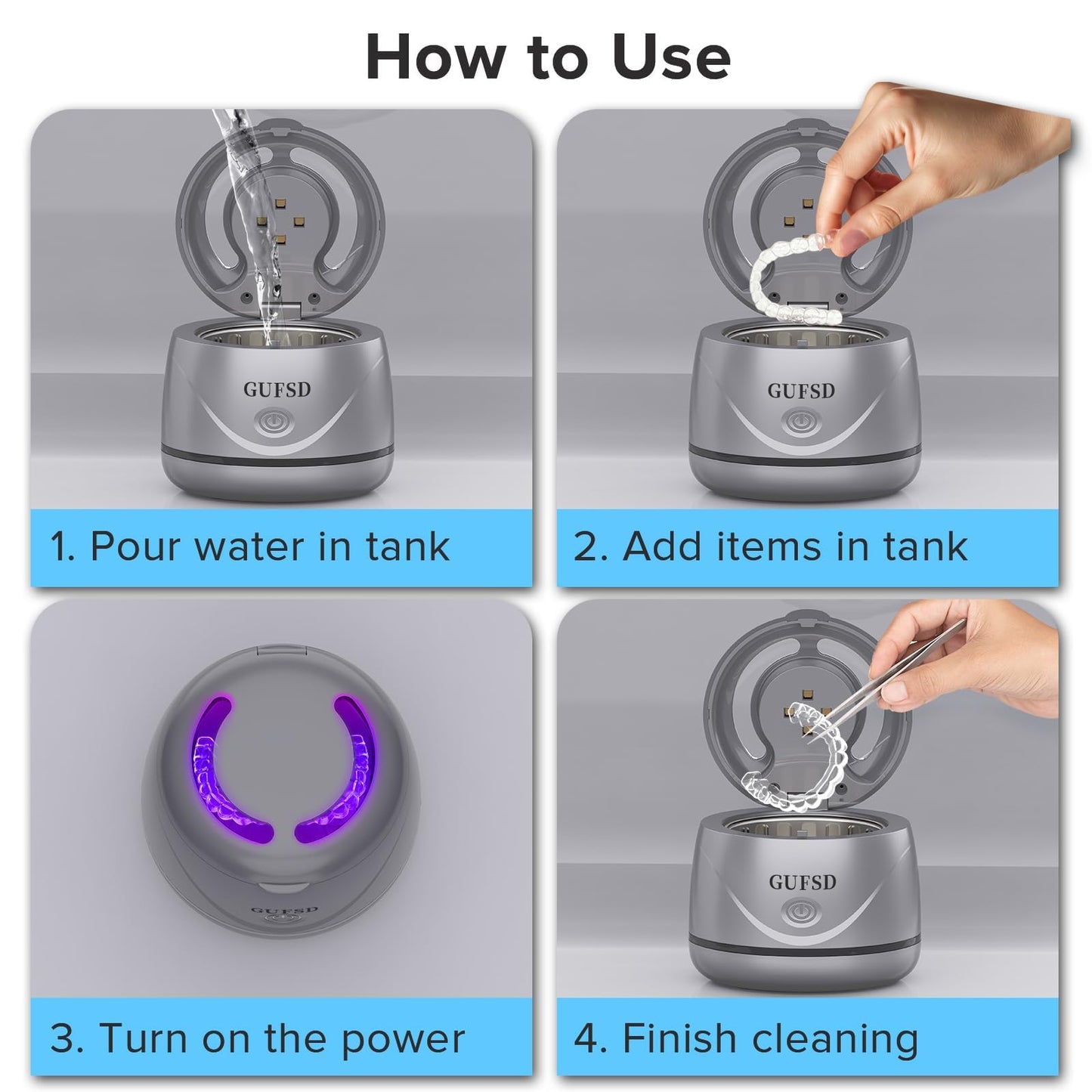 Ultrasonic Retainer Cleaner, 180ML/45kHz Portable Ultrasonic Jewelry Cleaner, Quiet Operation Ultrasonic Cleaner Machine for Dentures,Aligners,Mouth Guards,Night Guards (Gray)