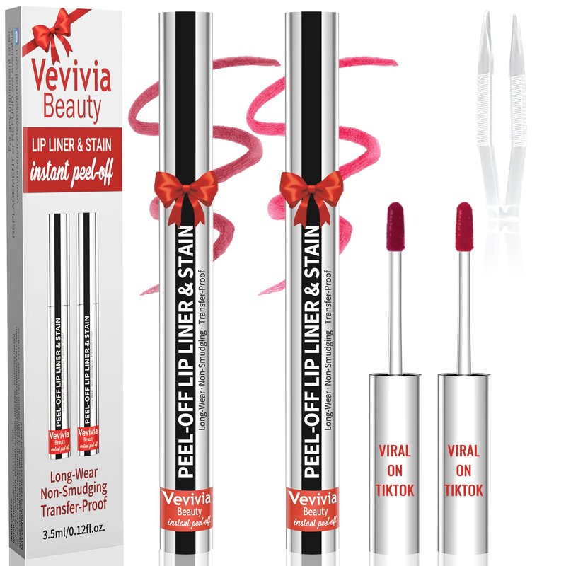 Vevivia 2pcs Lip liner Stain Peel Off,2-in-1 Lip Liner with Tweezer,Lip Stain Waterproof Long Lasting,Non-Fading Peel Off Lip Color,Stay On All Day,Perfect for Gift,Highly Pigmented Color(Mauve+Rose)