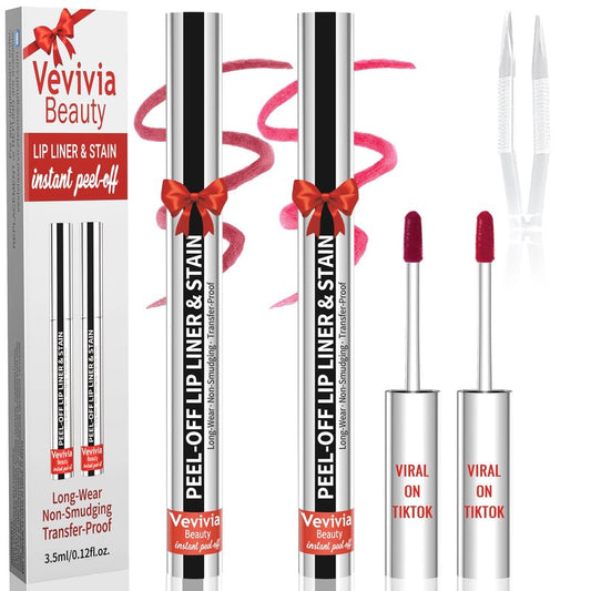 Vevivia 2pcs Lip liner Stain Peel Off,2-in-1 Lip Liner with Tweezer,Lip Stain Waterproof Long Lasting,Non-Fading Peel Off Lip Color,Stay On All Day,Perfect for Gift,Highly Pigmented Color(Mauve+Rose)