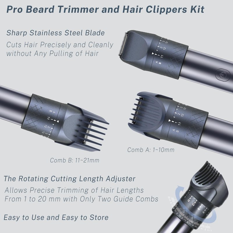Beard Trimmer for Men, Professional 5-in-1 Hair Clippers with 20 Precision Dial Lengths, Electric Razors for Men IPX7 Waterproof Wet/Dry, USB-C Rechargeable Shaving Set with Dock for Face, Body, Nose