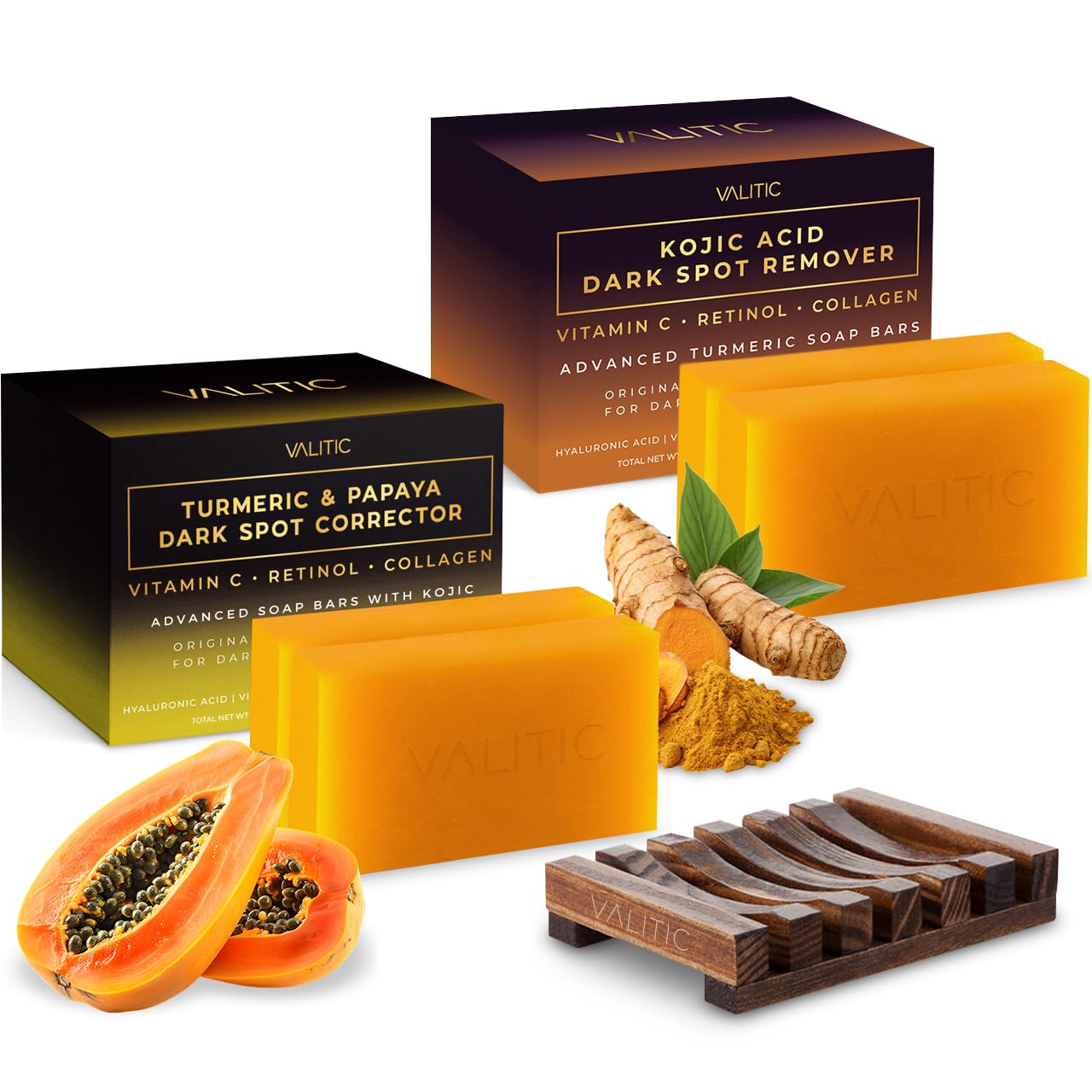 VALITIC Papaya and Turmeric Kojic Acid Soap Bar - Dark Spot Corrector Skin Care Cleansing Bar - Infused with Vitamin C, Hyaluronic Acid - Papaya 2 Pack, Kojic 2 Pack, Holder