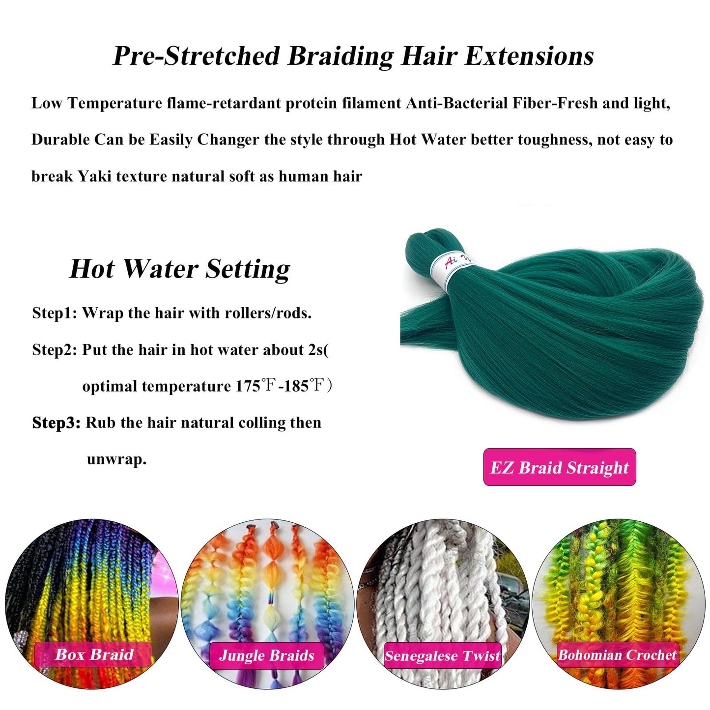 Ai Yuchen Pre Stretched Braiding Hair Green Knotless Teal Braiding Hair Pre Stretched Colored Hair Extensions for Braiding Box Braids Prestretched Braiding Hair 26 inch