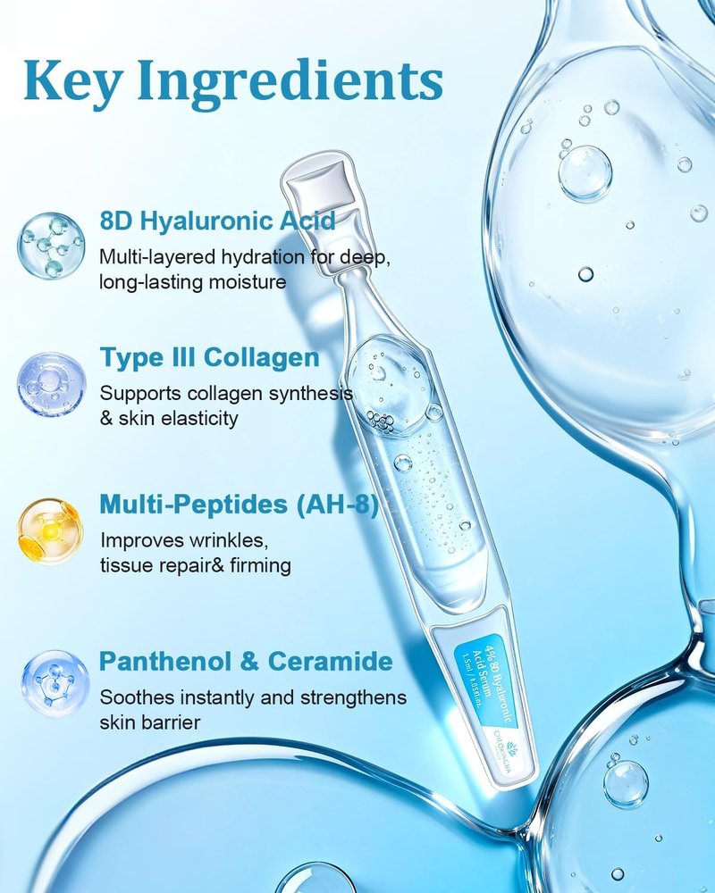 4% Hyaluronic Acid Serum for Face, 8D Hyaluronic Acid Ultra Hydrating Anti-Aging Serum with 20,000ppm Acetyl Hexapeptide-8, Korean Skincare Single-Use Ampoule for Dry & Sensitive Skin, 30pcs