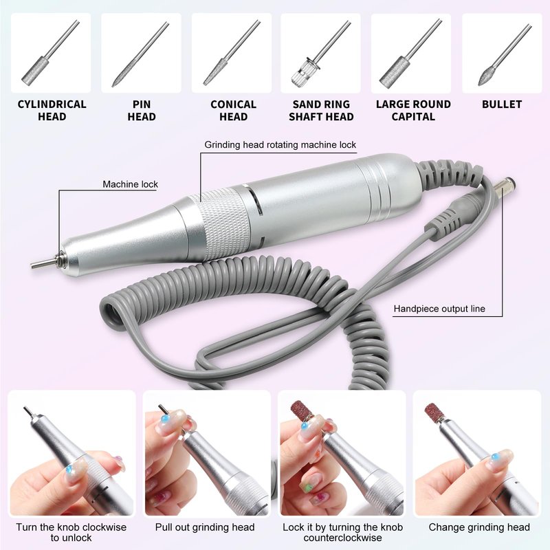 LIMEGIRL Professional Electric Nail File Drill Bits Kit 45000RPM for Acrylic Toenail Machine Clippers with 14 Drill Bit Gradient Pink Glitter Portable Rechargeable Cordless