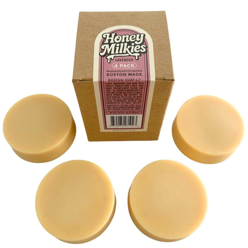 Goat Milk Soap with Tallow – Honey Milkies Lavender 4-Pack (3.3oz Bars) – Cold Process, Handmade in Boston – Natural Face & Body Soap with Grass Fed Tallow, Lard, Raw Honey & Goat Milk