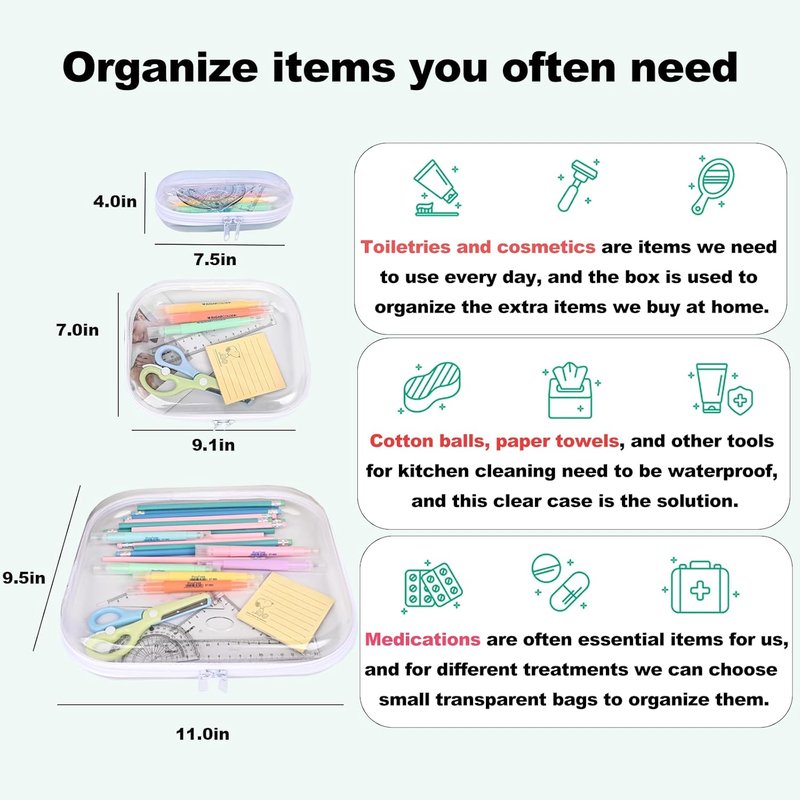 Clear Hard Shell Zipper Case Set - 3PCS Transparent Travel Organizer Pouches | Durable Plastic Storage Bins