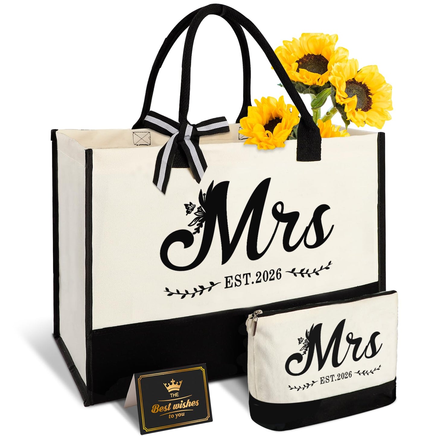 Mrs 2026 Bride Canvas Tote Bag with Makeup Bag, Wedding Bridal Shower Gifts