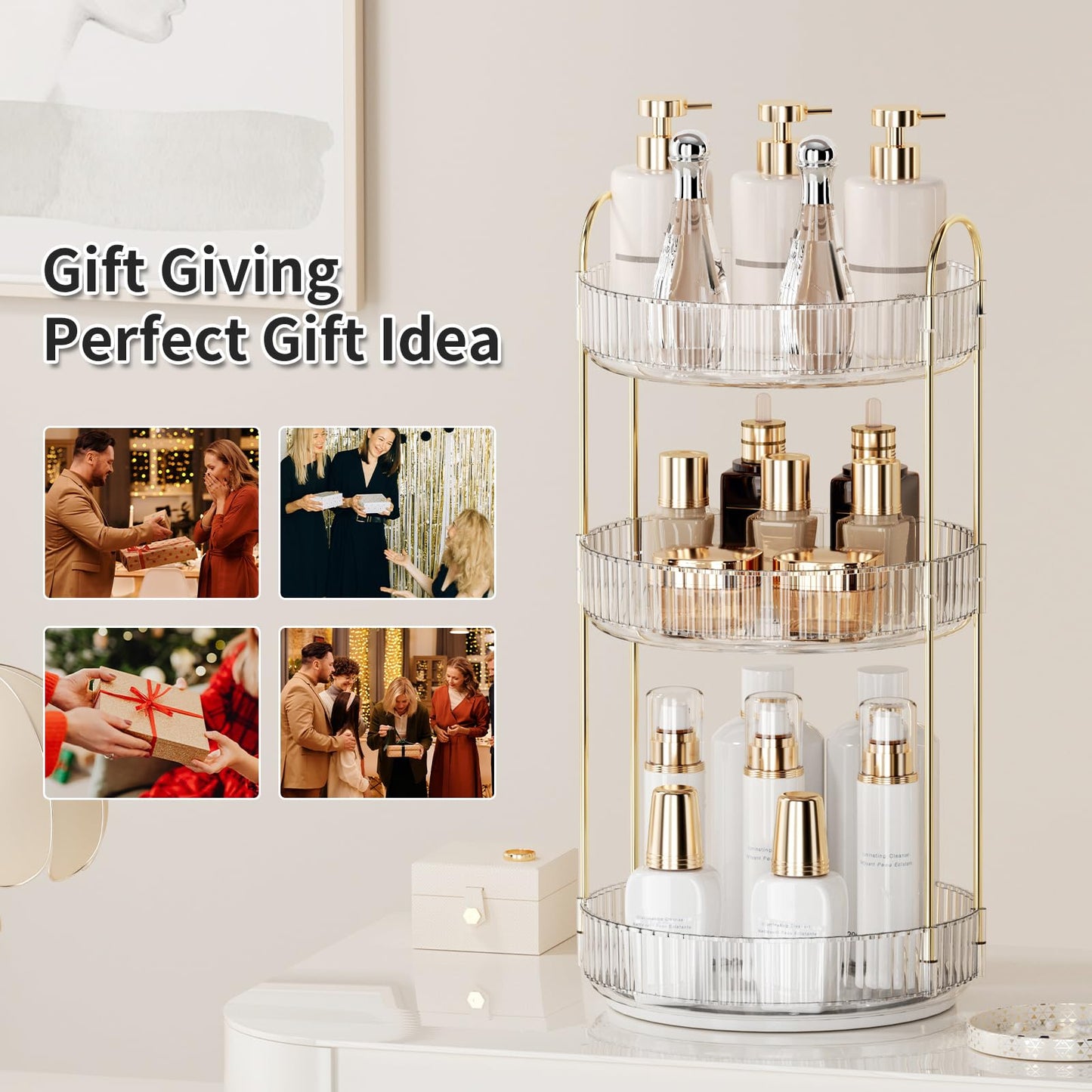 360° Rotating Makeup Organizer for Vanity - 3 Tier Perfume Organizer with Large Capacity - Skincare Organizer for Bathroom Counter - Space-Saving Cosmetic Storage for Dresser Countertop (Clear)