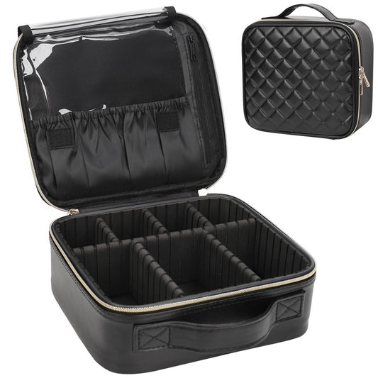 Relavel Makeup Bag, Travel Cosmetic Train Case Organizer Portable Artist Storage Bag with Adjustable Dividers for Cosmetics Makeup Brushes Toiletry Jewelry Digital Accessories Quilted Leather Black