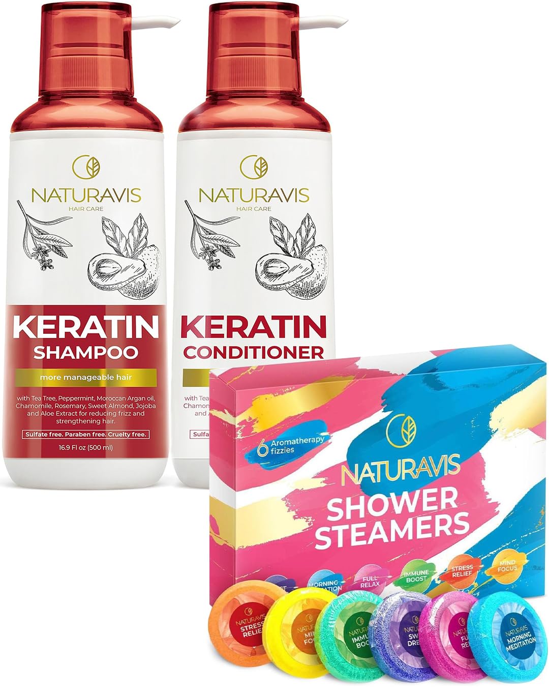 NATURAVIS Shower Steamers Aromatherapy Gift Set and Keratin Shampoo and Conditioner Set with Hyaluronic Acid