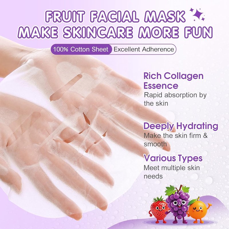 Collagen Hydrating Face Masks - 70 Pack Cute Fruit Sheet Masks | Spa Party Supplies for All Skin Types