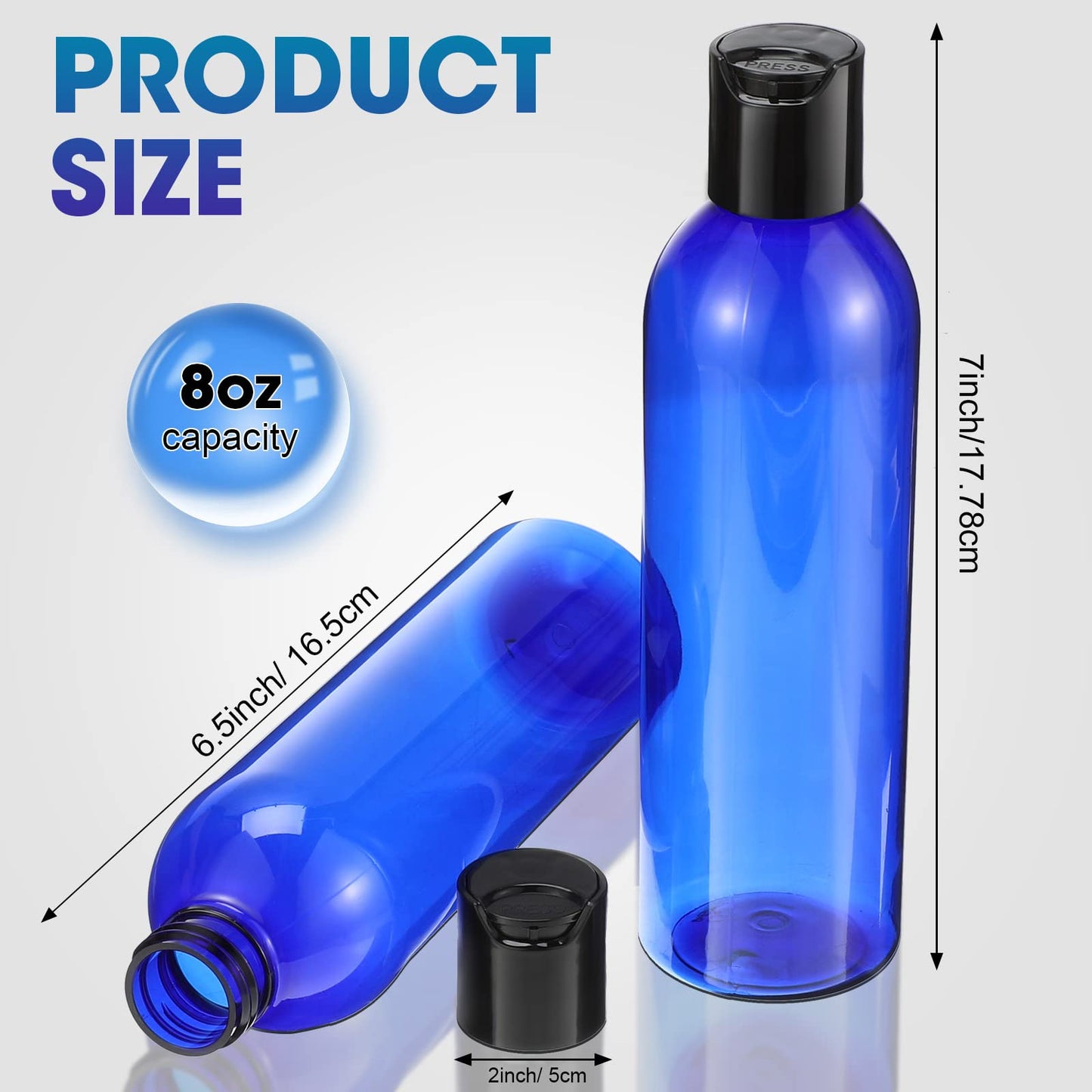 Eccliy 48 Pack 8oz Empty Plastic Squeeze Bottles with Disc Caps Travel Containers Refillable Plastic Empty Bottles with Caps for Shampoo, Lotions, Liquid Body Soap, Creams (Blue)