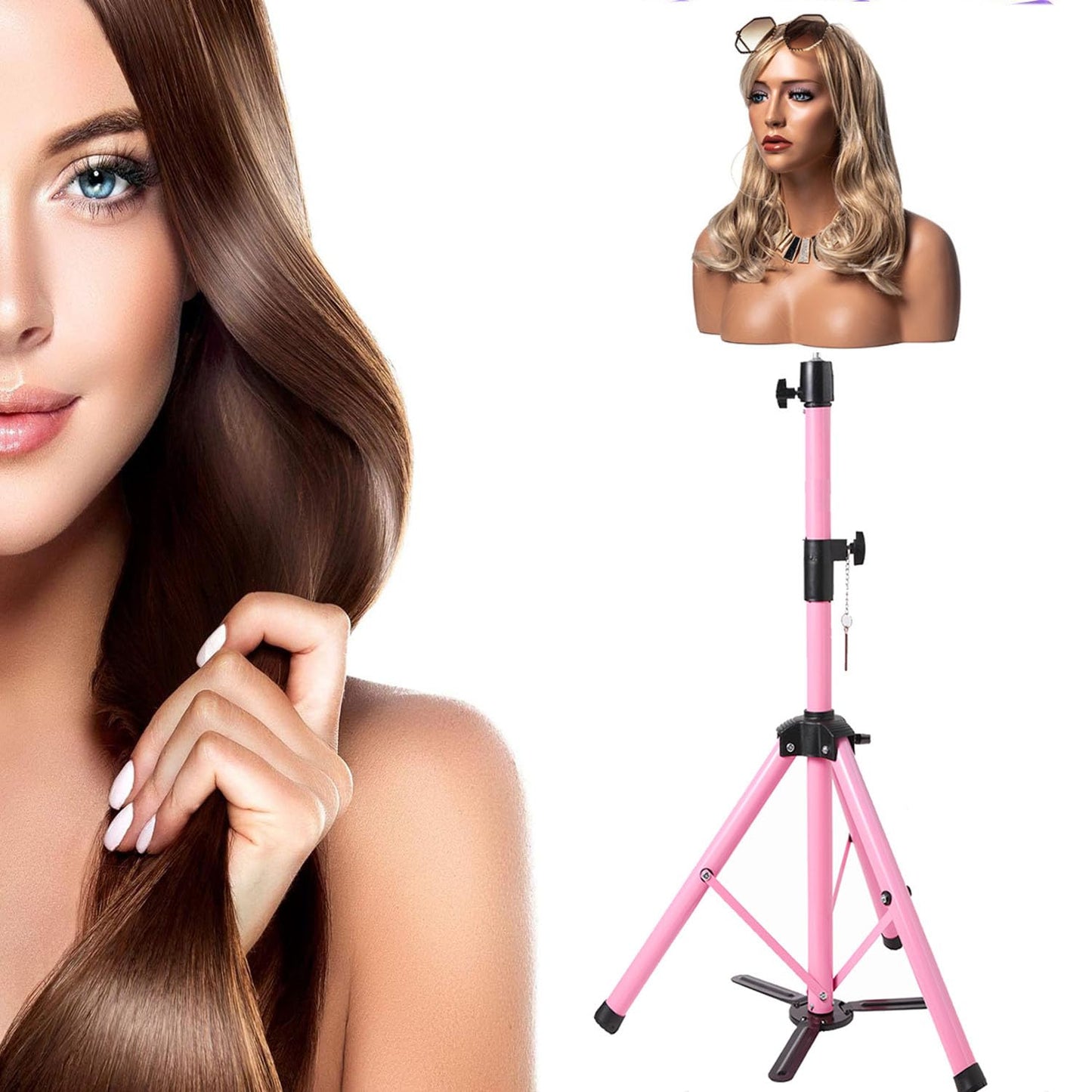 Heavy Duty Head Stand, Reinforced Mannequin Head Stand Tripod, Pink Wig Stand Tripod,Wig Stand for Styling, Adjustable Holder For Wig Making Display (55 inch with pedal)