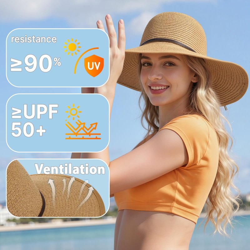 Sun Hats for Women, Straw Hats UPF 50+ UV Sun Protection, Wide Brim Packable Foldable Bowknot Womens Beach Hat for Summer Travel Khaki