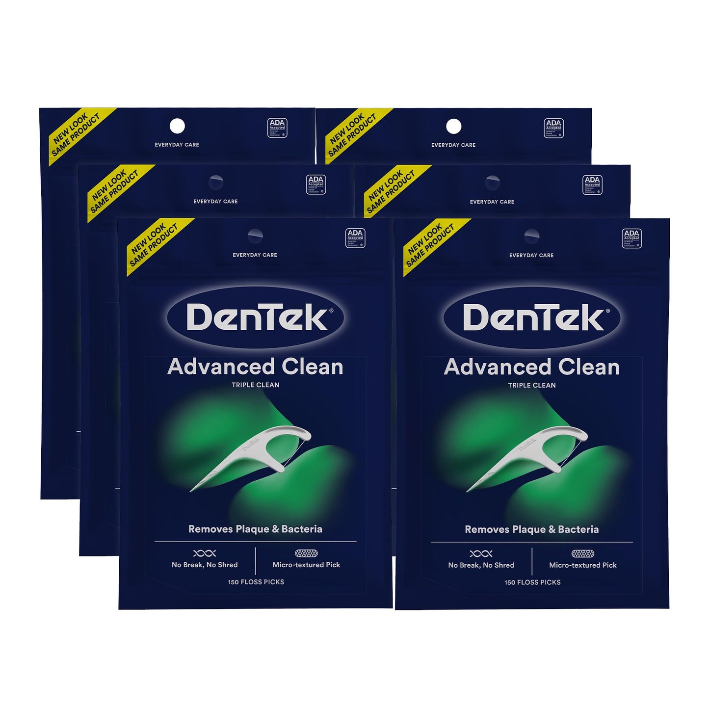 DenTek Advanced Clean Floss Picks with No Break & No Shred Dental Floss, Plaque Remover, 150 Count, Pack of 6