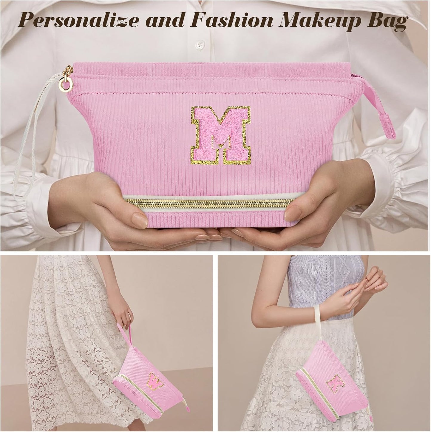 Personalized Initial Makeup Bag - Unique Birthday Gift for Girls & Women | Travel Cosmetic Bag - Pink C