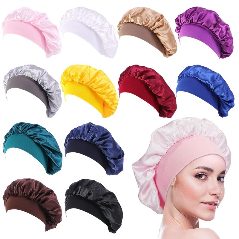 Satin Bonnet Caps for Women - 12pcs Solid Color Hair Bonnets | Elastic Band for Comfortable Sleep