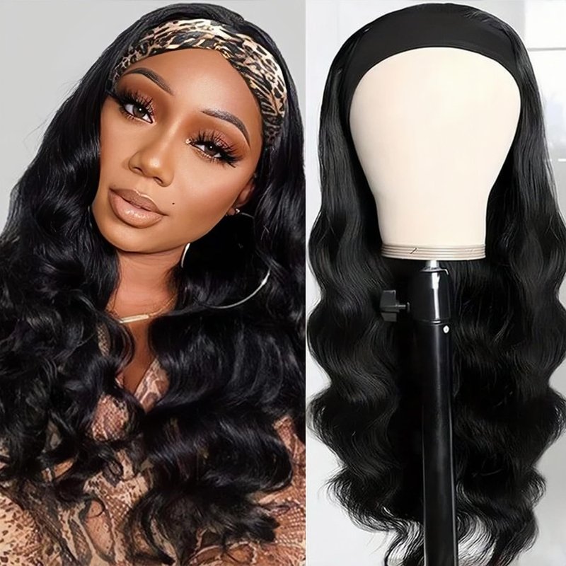 SENSAIRUITE Headband Wig Human Hair Body Wave 18 Inch None lace Front Wear and Go Glueless Headband Wig for Black Women Natural Black Color 180% Density