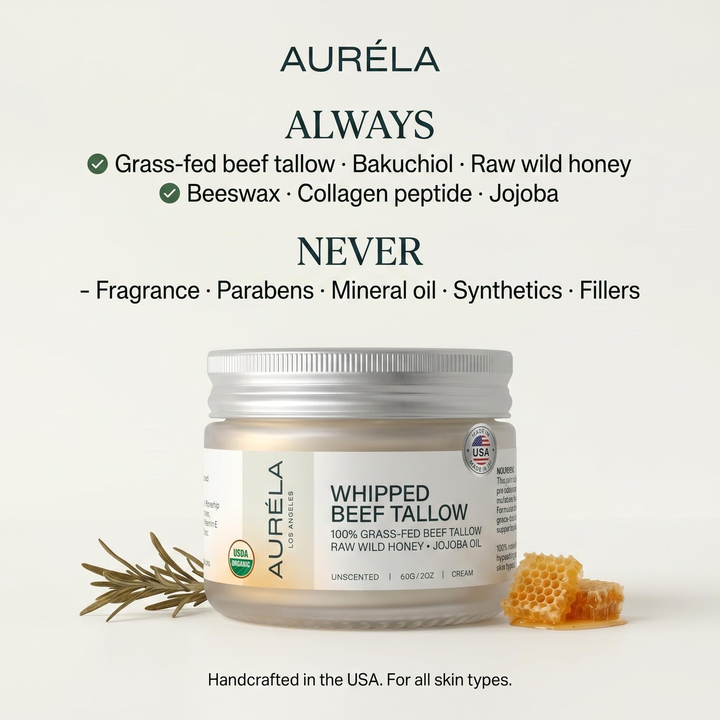 Auréla Organic Beef Tallow With Honey & Jojoba Oil - 100% Grass-Fed Whipped Beef Tallow For Face & Body - Natural & Deeply Nourishing Formula | For Dry & Sensitive Skin - Unscented | 2oz