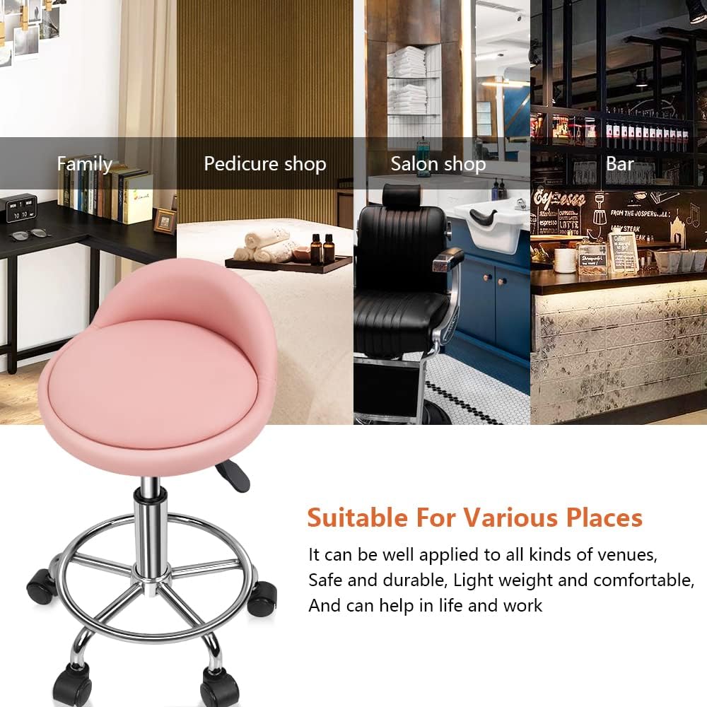 PU Leather Round Rolling Stool - Height Adjustable Swivel Drafting Chair with Foot Rest | Pink