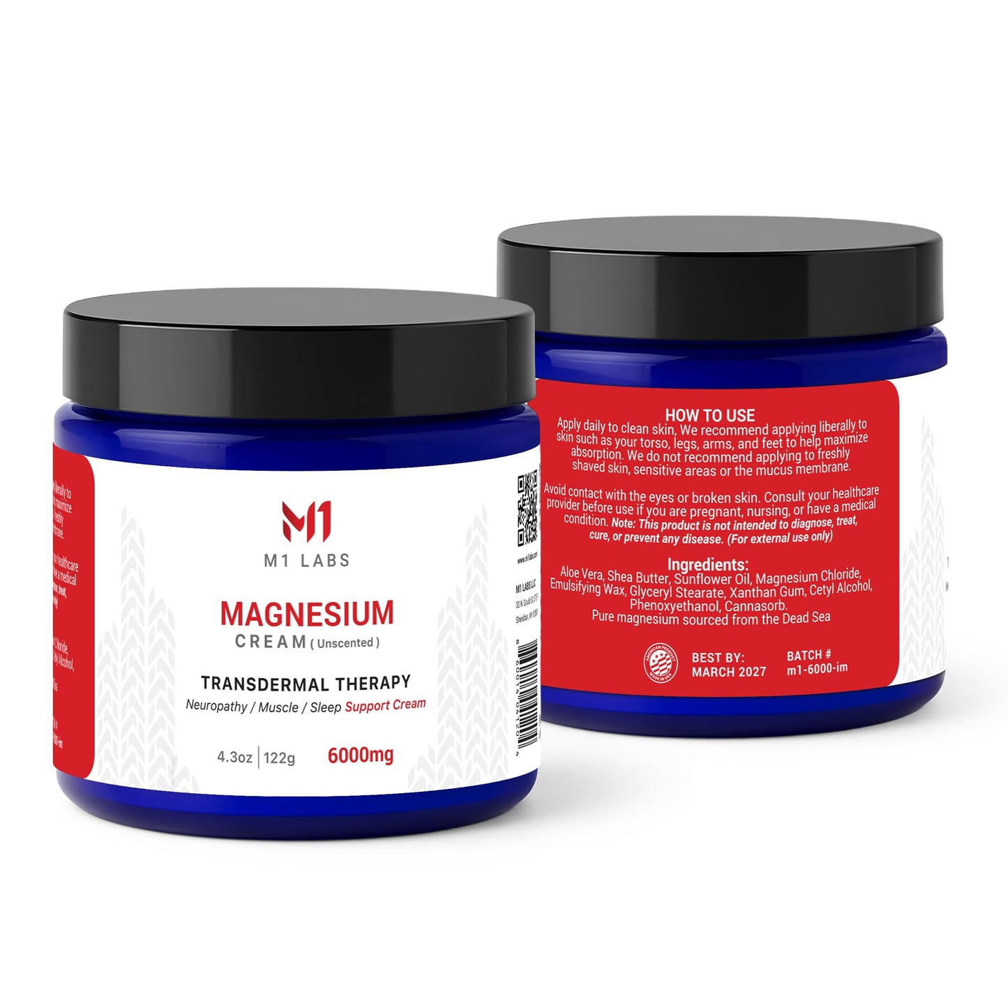 M1 Labs 6000mg Magnesium Topical Cream – 4.3 oz Unscented & Fast-Absorbing Magnesium Chloride Cream for Neuropathy, Muscle & Sleep Support – Paraben-Free, Non-GMO for Relaxation, Support & Hydration