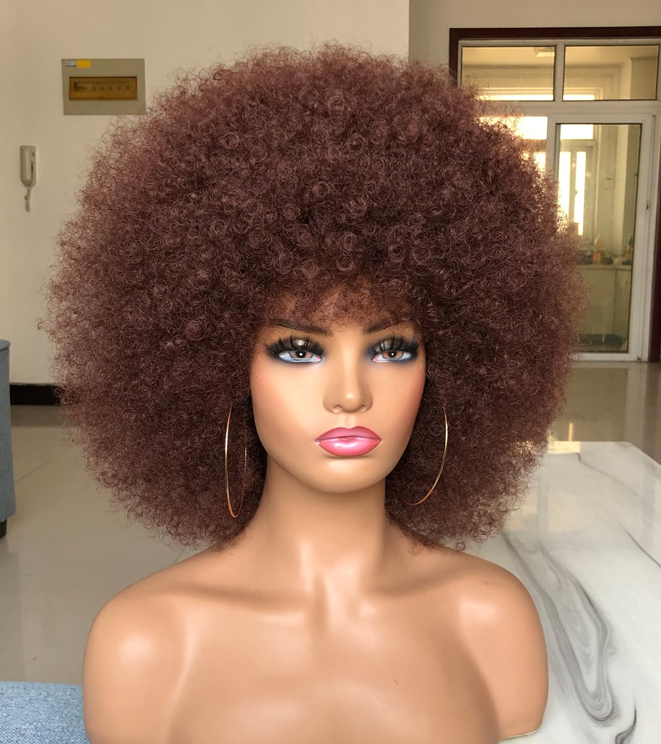 HIHOO Short Afro Wig with Bangs for Black Women Afro Kinky Curly Wig 70s Premium Synthetic Big Afro Wigs(Red Brown)