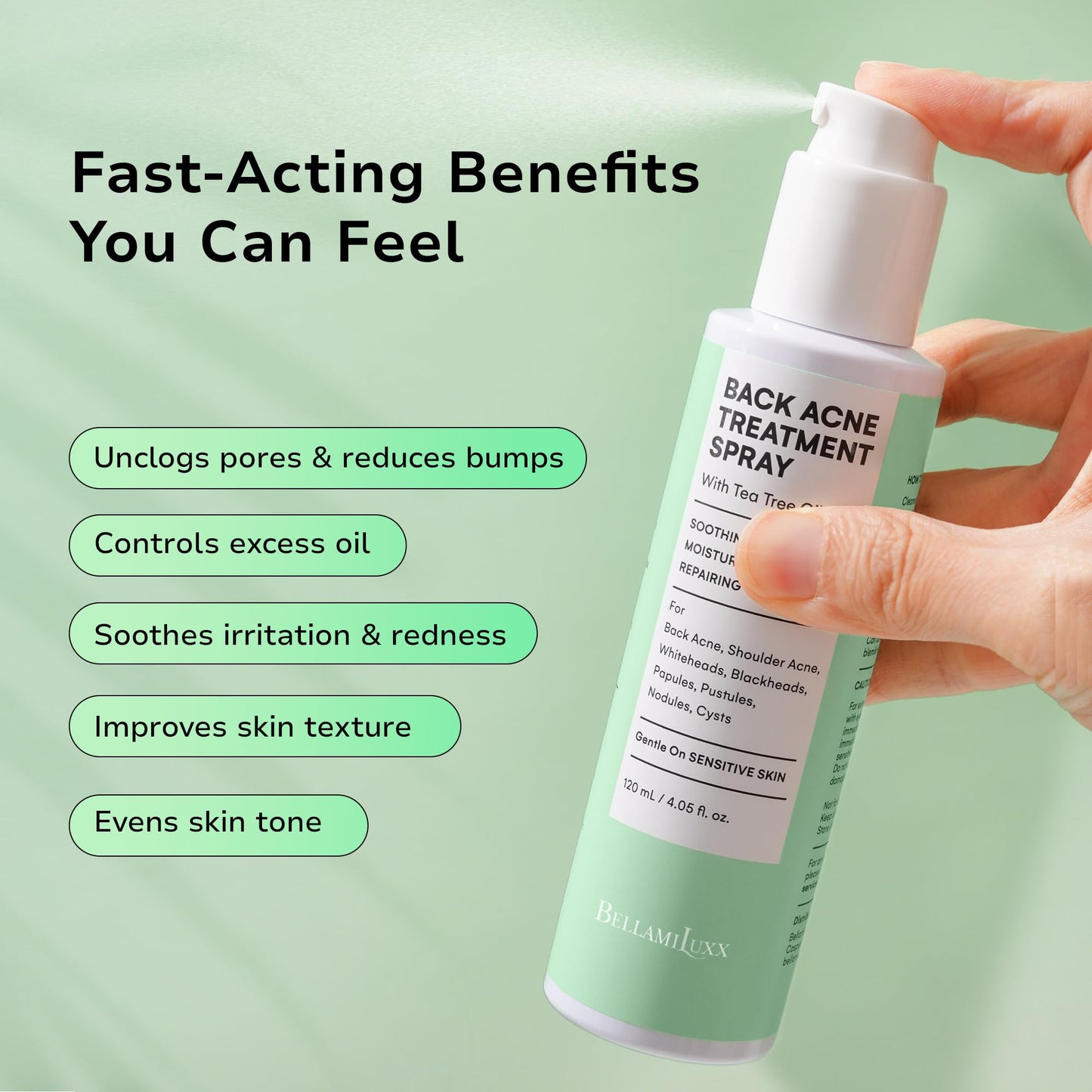 BellamiLuxx Back and Body Acne Treatment Spray: 2% Salicylic Acid & Tea Tree Oil Bacne Spray for Clear, Soothe & Moisturize - Effective for Men, Women, Teens with Back, Shoulder, Arm, and Chest Acne