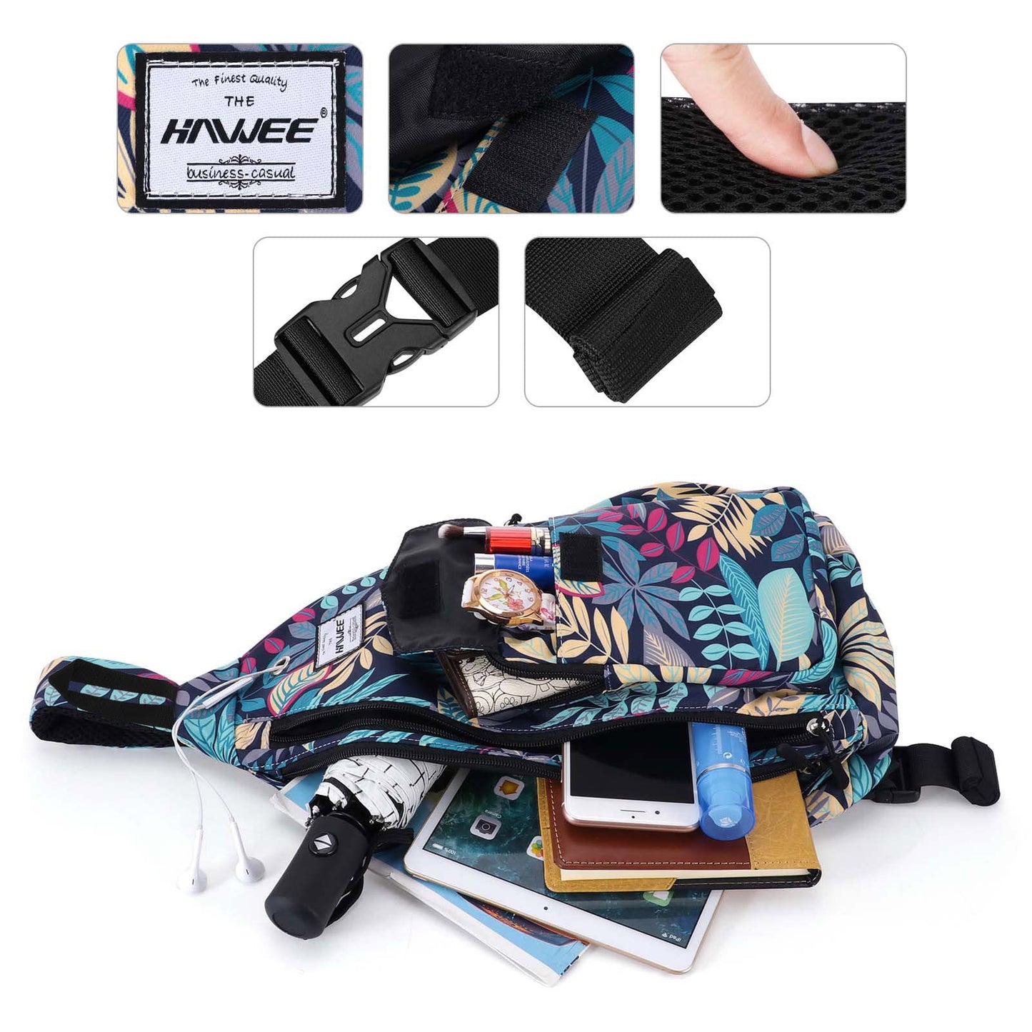 HAWEE Rope Sling Bag for Women Casual Cross Body Backpack Adjustable Anti-slip Strap/Bottle Pocket/Earphone Hole for Travel Hiking Sports, Blue Maple