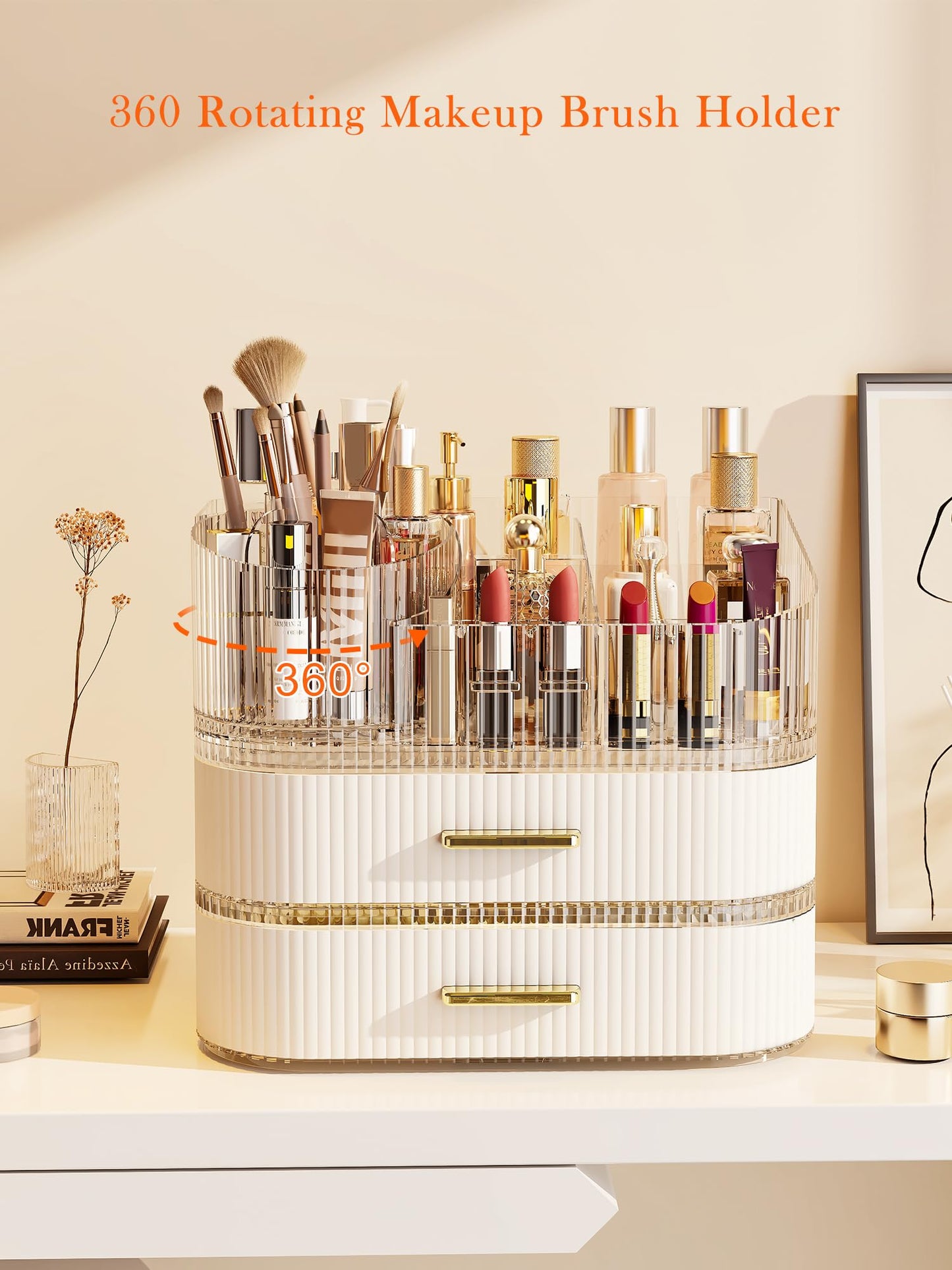 Makeup Organizer with Stackable Drawer, 360 Rotating Makeup Brush Holder, 11-inch Wide Large Cosmetic Display Case, Skincare Organizers and Storage for Vanity, Bathroom Countertop (1 Tray + 2 Drawer)