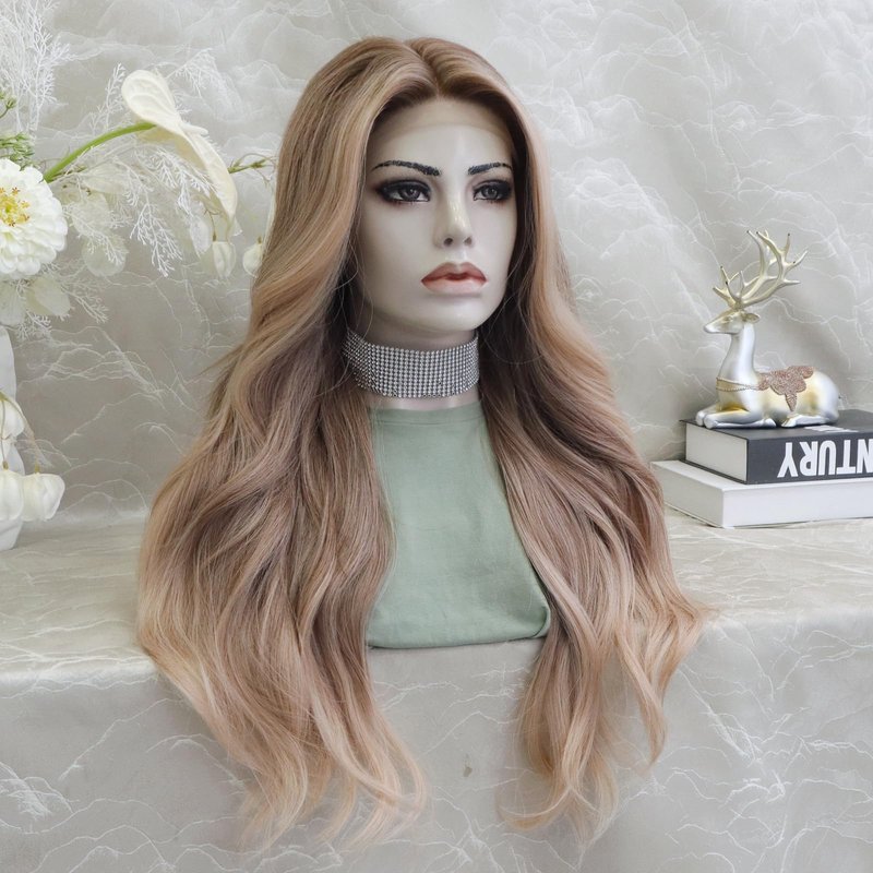 IMSTYLE Kristy Pre Plucked Strawberry Blonde Piece Glue Less Lace Front Wigs, 26inches T Part Synthetic Body Wavy Wig for Women Daily Cosplay