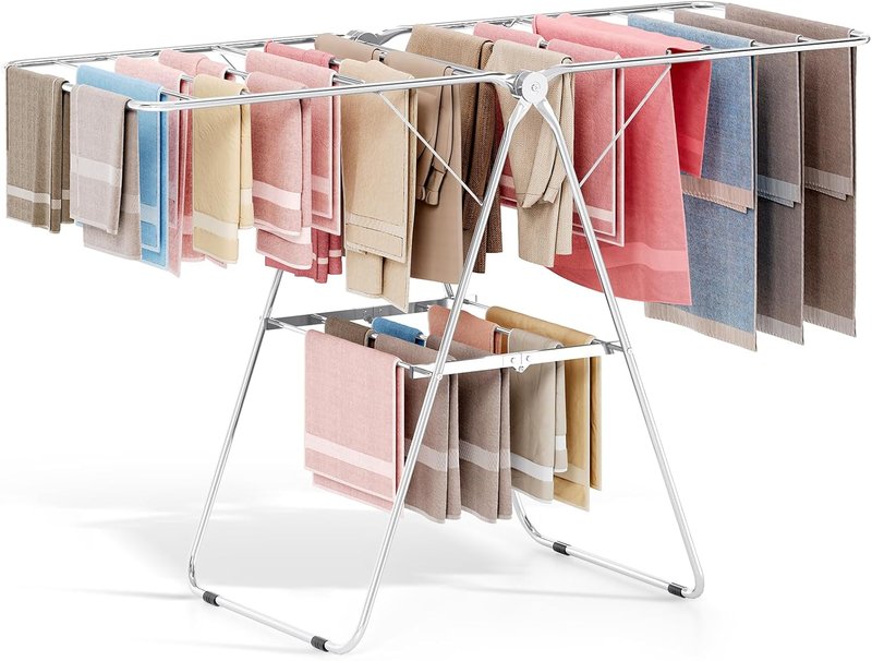 Folding Clothes Drying Rack - Stainless Steel, Height-Adjustable, Space-Saving | Indoor/Outdoor Use, Chrome Finish