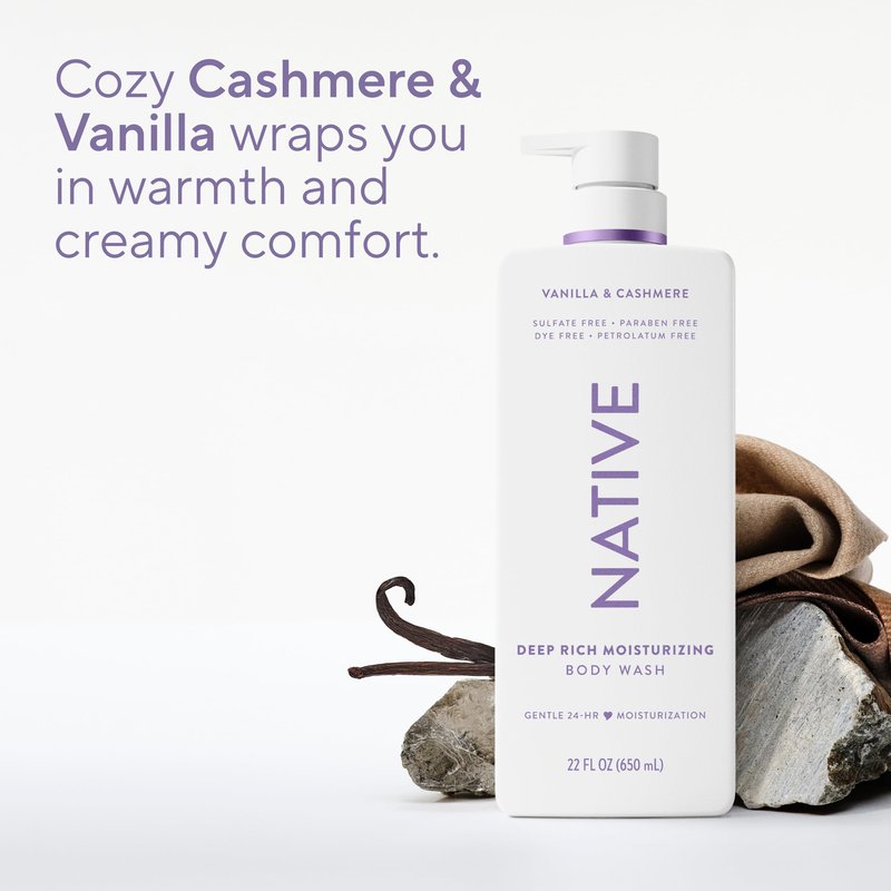Native Vanilla & Cashmere Scent 24-Hour Moisturizing Bodywash for Men & Women, Clean & Gentle, for Dry or Sensitive Skin, Keeps Skin Healthy & Smooth, Free of Sulfates, Cruelty-Free, 22 oz