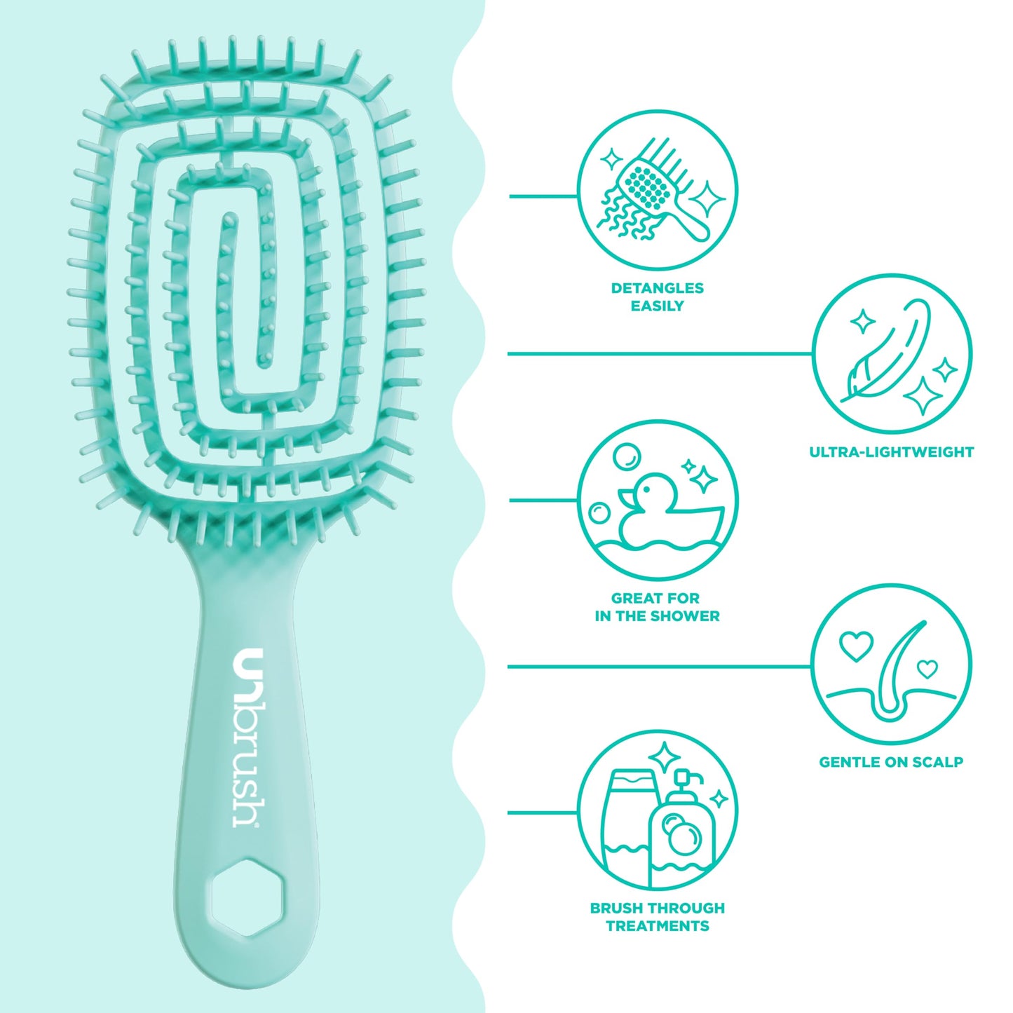FHI Heat UNbrush Flex Detangling Brush — Ultra-Flexible, Pain-Free Hair Brush Detangler with DuoFlex Anti-Static Bristles for Removing Tangles, Massaging Scalp & Faster Styling - Teal