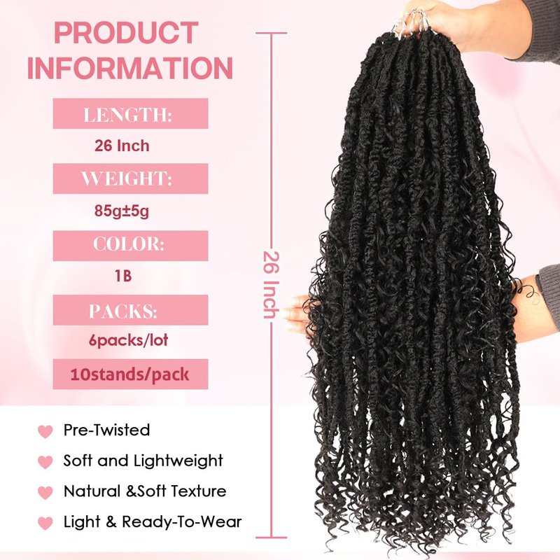 26 Inch Boho Butterfly Locs Crochet Hair 6 Packs Distressed Infinity Locs For Black Women Boho Crochet Braids Faux Locs Natural Hair Extension(26inch,1B)