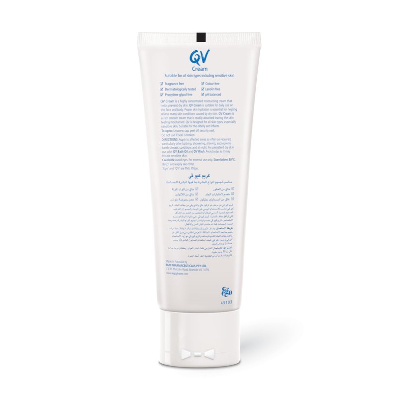 QV Cream with 10% Glycerin (100g) Rich Protective Moisturiser for Sensitive, Dry Skin, Fragrance Free, Noncomedogenic Body Cream, Hydrating Skin Care for Eczema, Psoriasis, Dermatitis, Tube
