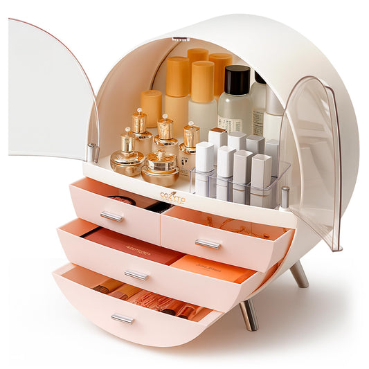Glamora – Luna by COZYTO – Premium Cosmetic Organizer with Magnetic Doors Multi-Tier Skincare & Makeup Cabinet Perfume Organizer Makeup Organizer (Pearl White/Blush Pink & Silver Accents)