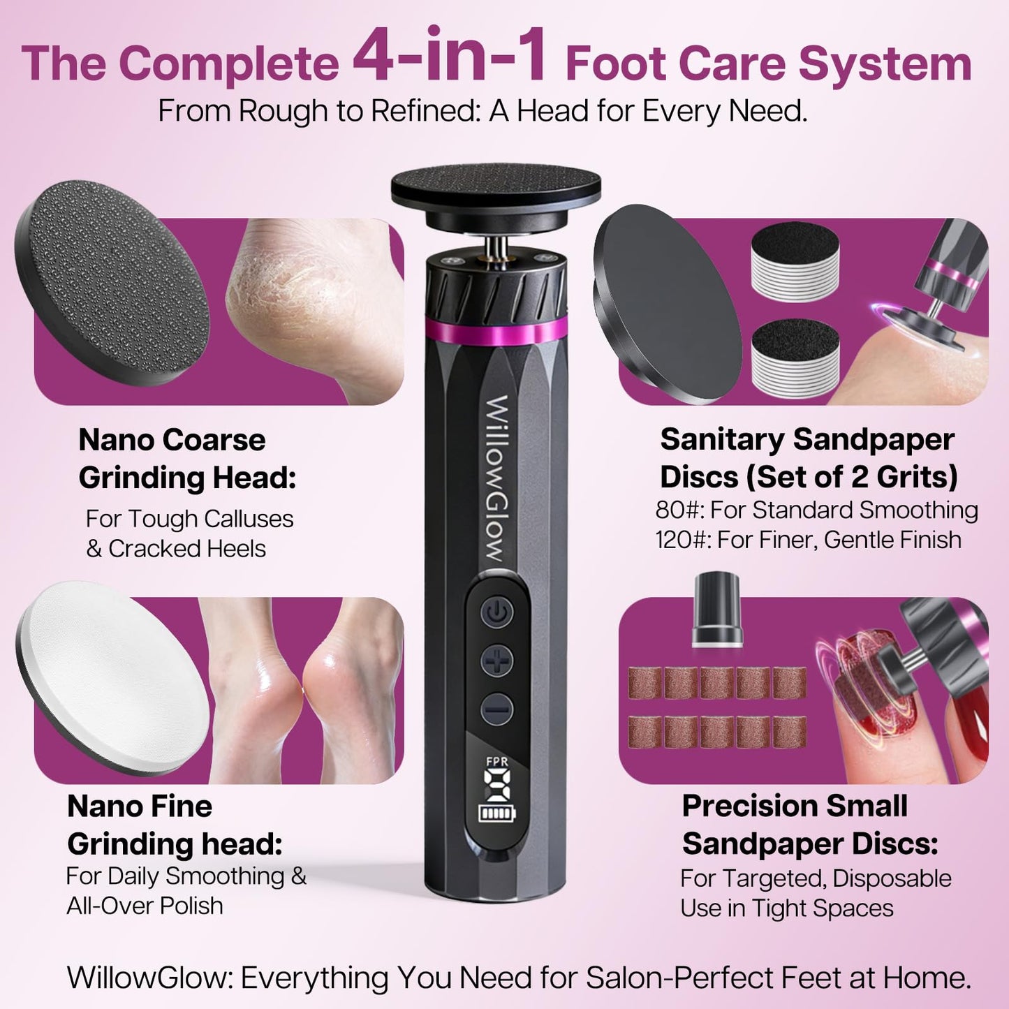 Professional Electric Foot Callus Remover, 9-Speed Cordless Foot File with Reusable Nano Glass Heads & Sandpaper for Dead Skin Removal and Smooth Feet