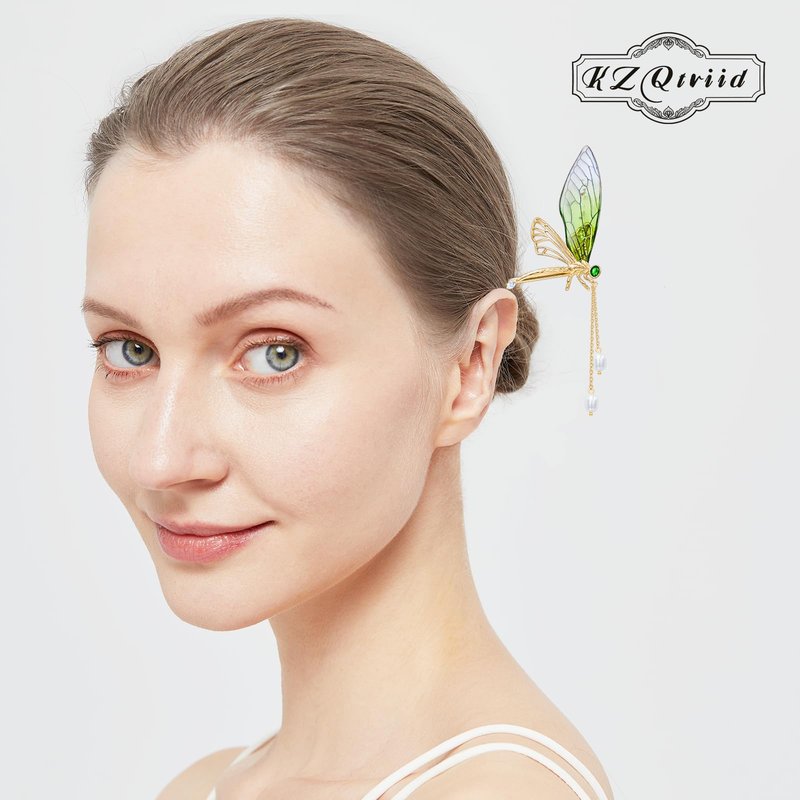 KZQtriid Hair Accessories，14k Gold Plated Copper，Vintage Handcrafted，Colour Enamels Green Dragonfly Tassels Hair Stick，5.90"Hair Clip.Hair Chopsticks For Women