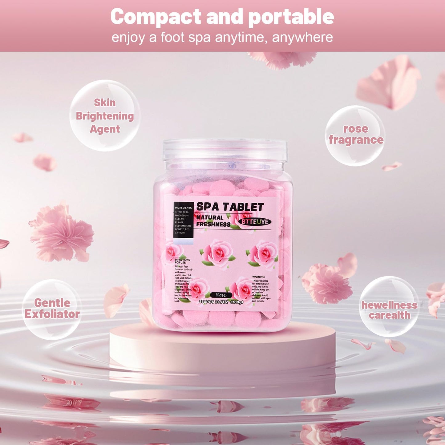 BTTEUYE Spa Foot Bath Pedicure Tablets ,Pedicure Foot Spa Supplies,Natural & Refreshing, Relieve Fatigue, Quickly Dissolve & Remove Dead Skin, Rose Fragrance, 350-Count