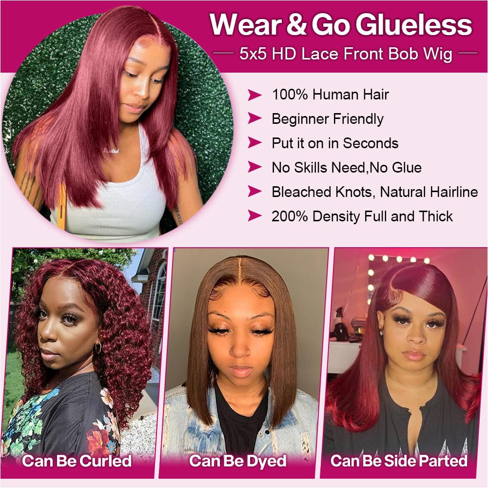 Ailwelia Wear and Go Glueless Bob Wig Human Hair 200% Density 5x5 HD Lace Closure Wigs For Black Women Glueless 5x5 Closure Wigs Human Hair Pre Plucked Bob Burgundy Color 14 Inch