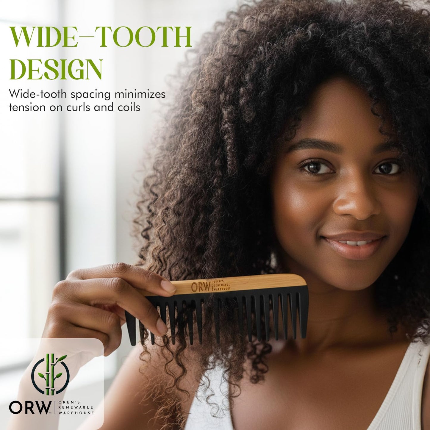 Wide Tooth Comb for Curly Hair – Bamboo Detangling Comb for Wet Hair, Shower Safe, Bakelite Reinforced, Durable, SGS REACH Tested