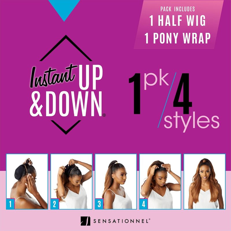 Sensationnel Instant Updown Half Wig Pony - Versatile 4-in-1 Drawstring Style | 1B Off Black