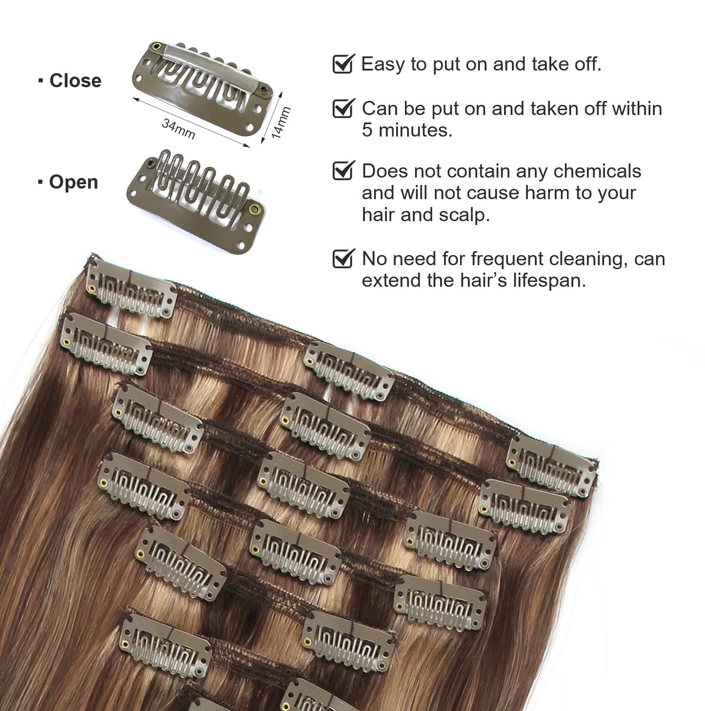 ABH AMAZINGBEAUTY HAIR Highlight Clip in Hair Extensions Human Hair 8 Pieces Chocolate Brown Mixed to Dark Blonde Hair Extensions Clip in Natural Blend Full Head Double Wefts Soft Straight 90G 16 Inch
