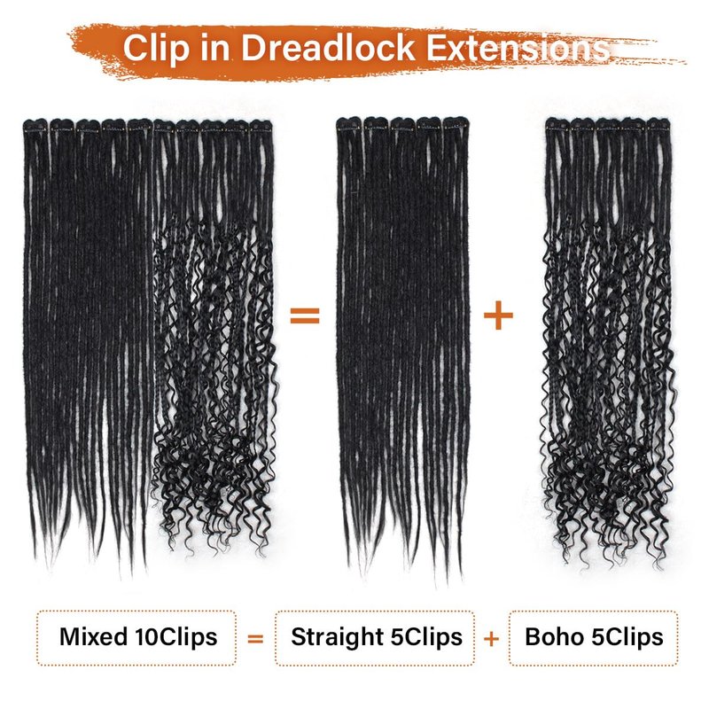 Clip-In Dreadlock Extensions - 24 Inch Synthetic Dreads for Women | 10 PCS Mixed Colors