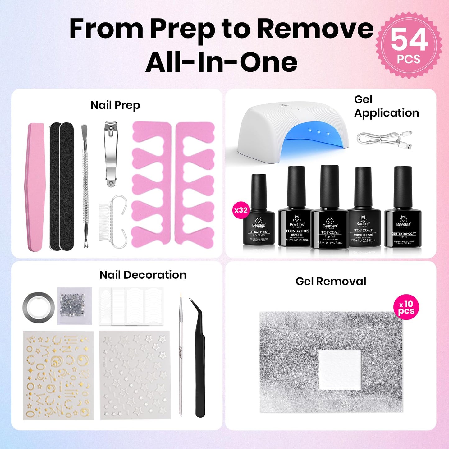 Beetles Gel Nail Polish Kit with U V Light -54 Pcs 32 Colors Gel Nail Set