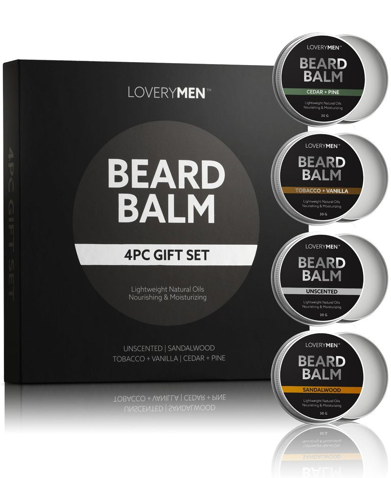LOVERY Beard Balm for Men, Gift Set in Unscented, Sandalwood, Tobacco Vanilla, Cedar Pine Fragrances, All-Natural Wax, Cream Softener Butter, 4 Pack