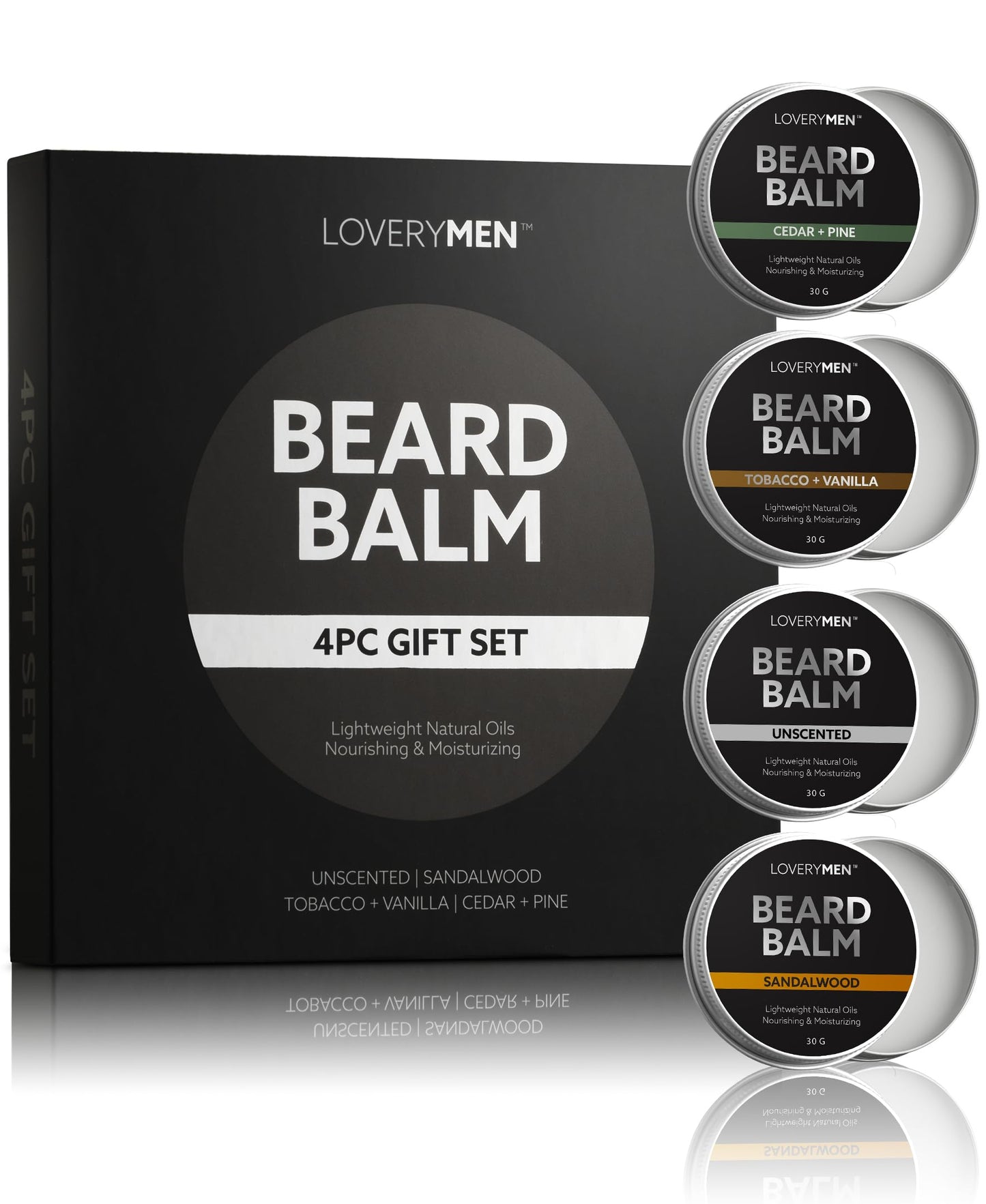 LOVERY Beard Balm for Men, Gift Set in Unscented, Sandalwood, Tobacco Vanilla, Cedar Pine Fragrances, All-Natural Wax, Cream Softener Butter, 4 Pack