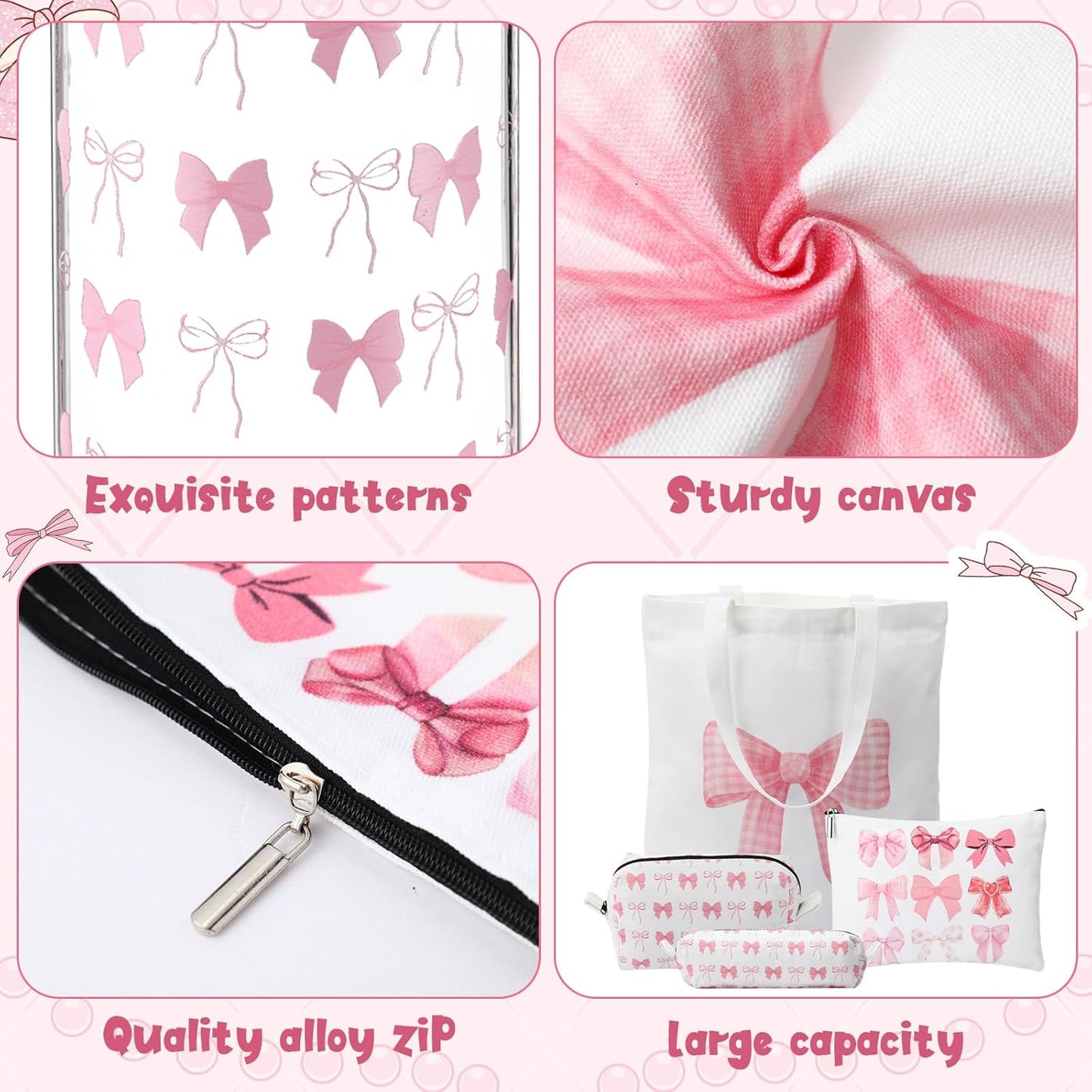Coquette Makeup Bag Set for Women - Aesthetic Canvas Tote & Glass Cups with Lids | Pink Gift Set